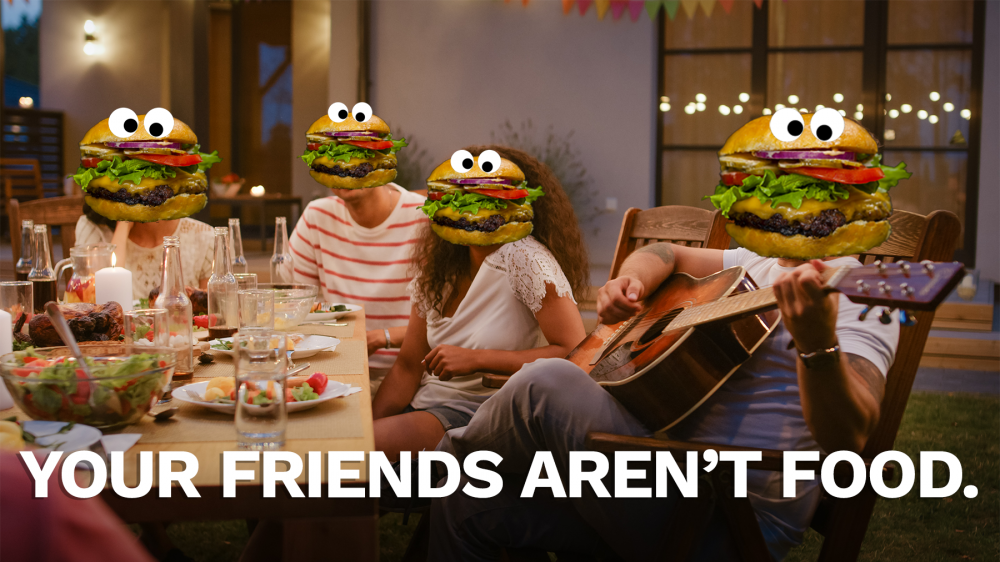 Cheesburger face people hanging out